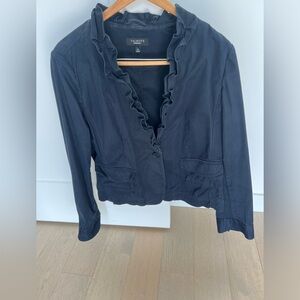 Talbots Dark Blue ruffled collar & front one button jacket with kick pleat back.